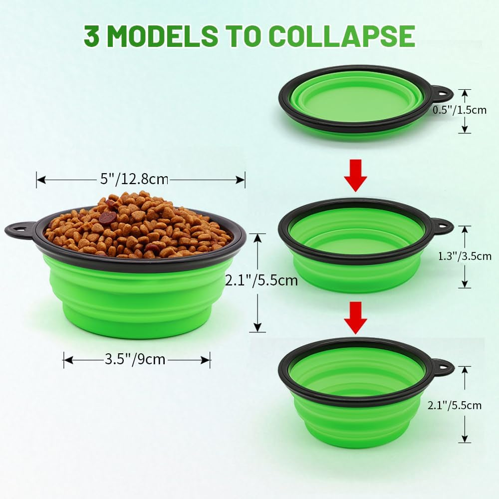 Dog Bowl Pet Collapsible Bowls, 2 Pack for Cats Dogs, Portable Pet Feeding Watering Dish for Walking Parking Traveling with 2 Carabiners (Small, Blue+Green)